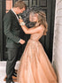 A Line V Neck Floor Length Champagne Prom Dress with Appliques LBQ1688